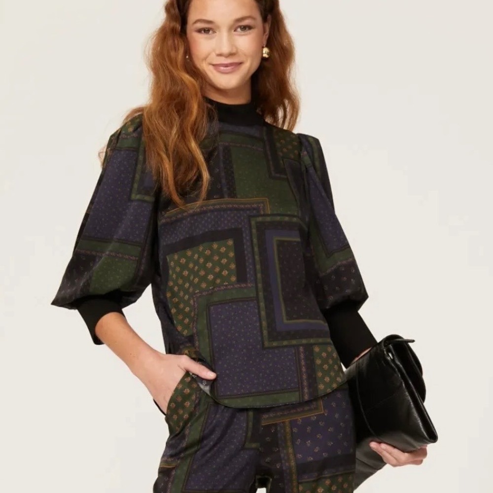 Veronica Beard Sparrow Patchwork Cuffed Long Sleeve Mock Neck Top SZ 6